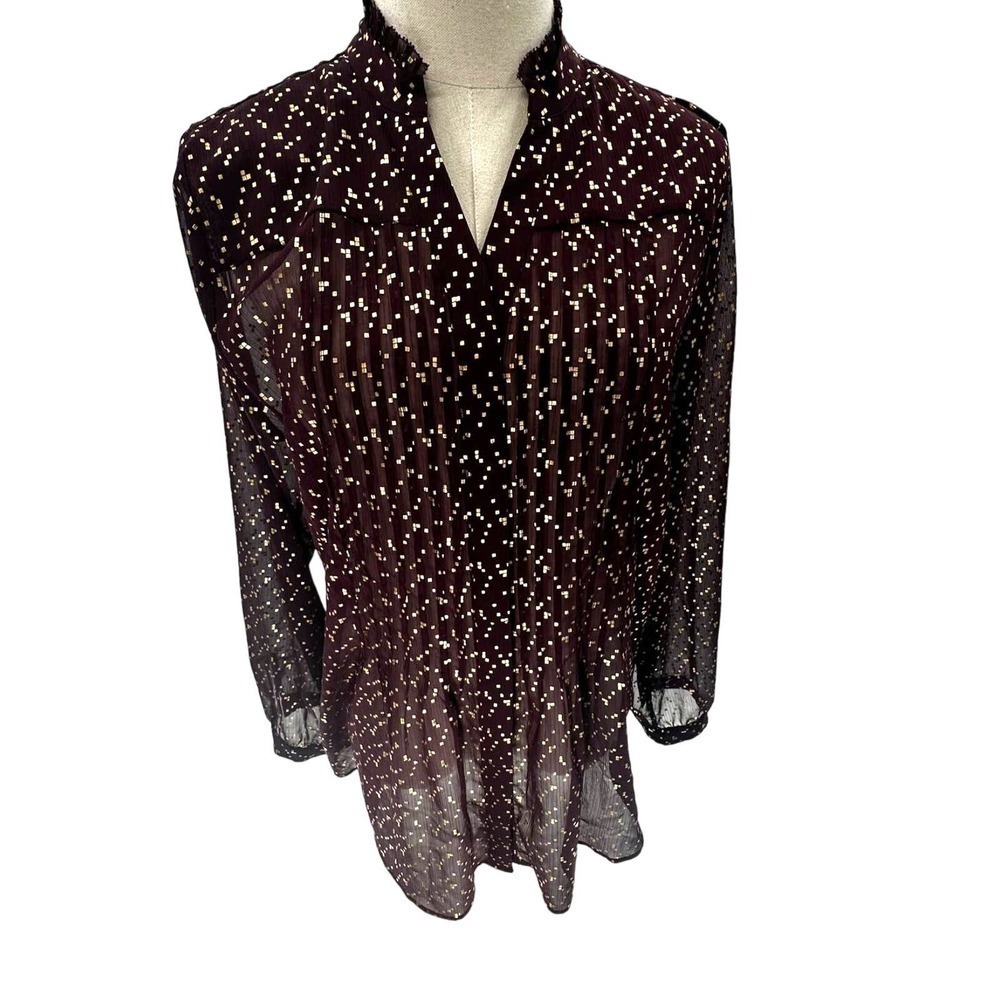 Chico's Sheer Eggplant with gold abstract pattern Sheer Long Sleeve Shirt - 1(S)
